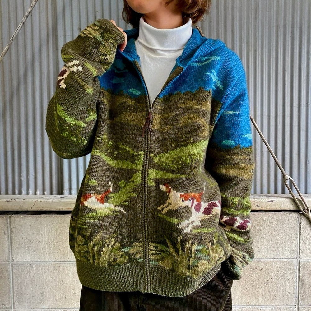 Ralph Lauren Y2K Hand Knit Wool The Hunt Scene Hoodie Zip Sweater Dogs Small P